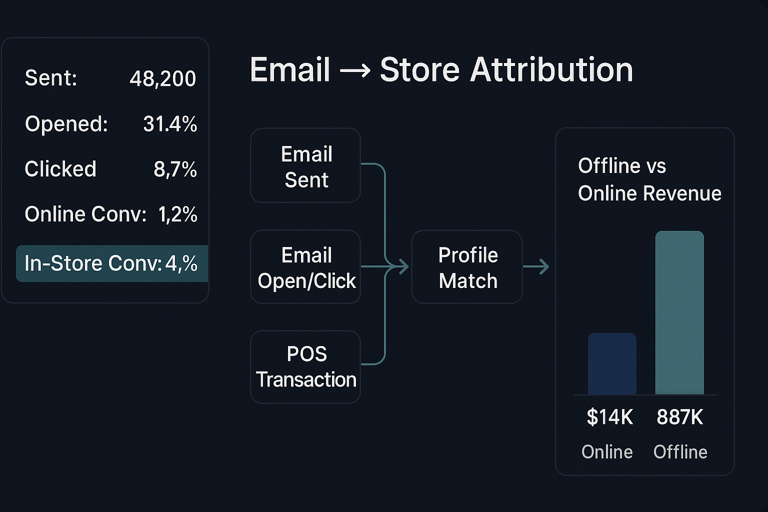 Email marketing platform dashboard showing retail omnichannel attribution flows
